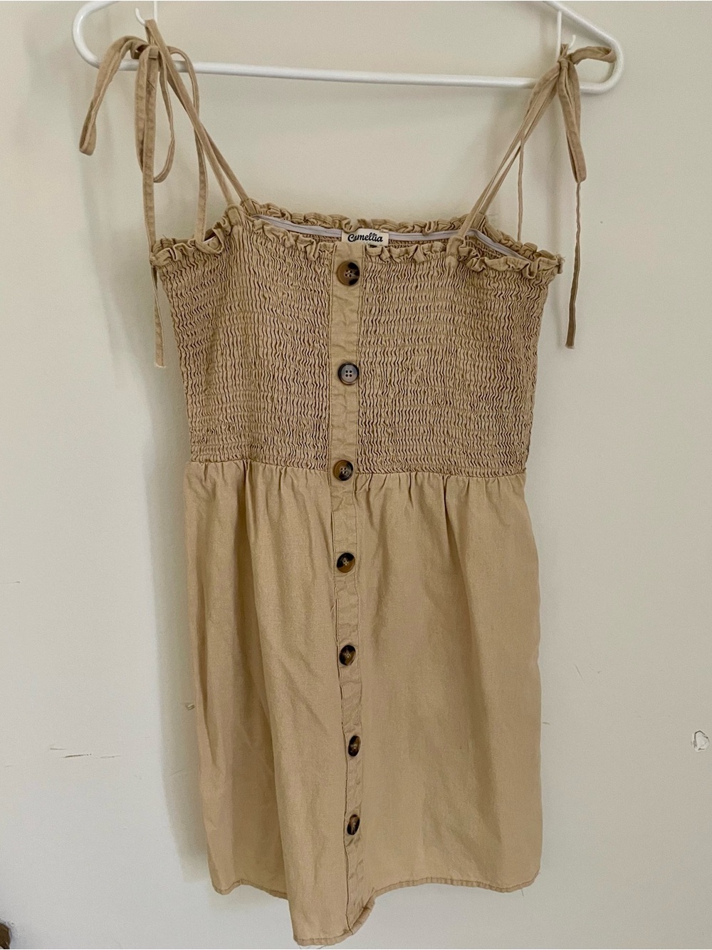 Camilla Beige Smocked Top with Ruffle Trim